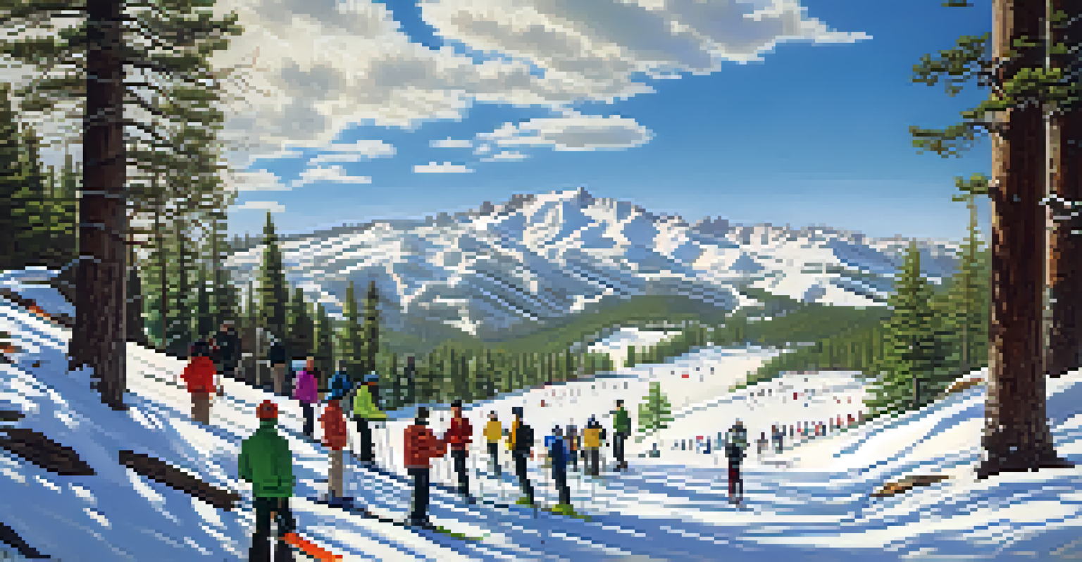 Spring skiing scene with skiers on sunny slopes and families enjoying refreshments at a mountain lodge.