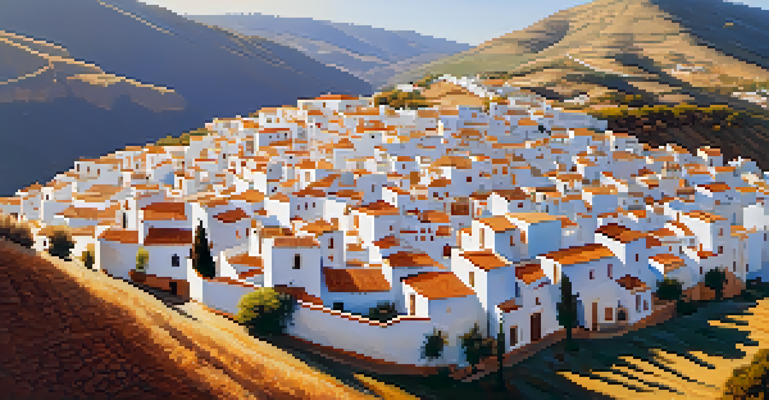 An aerial view of white towns in Andalusia surrounded by mountains, with golden sunlight illuminating the buildings and landscape.