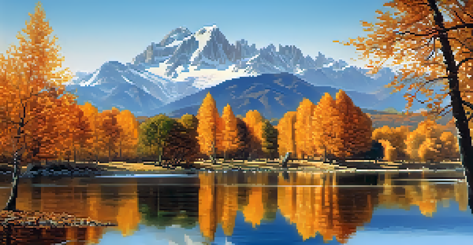 Autumn landscape in the Pyrenees with mountains, lake, and colorful foliage.