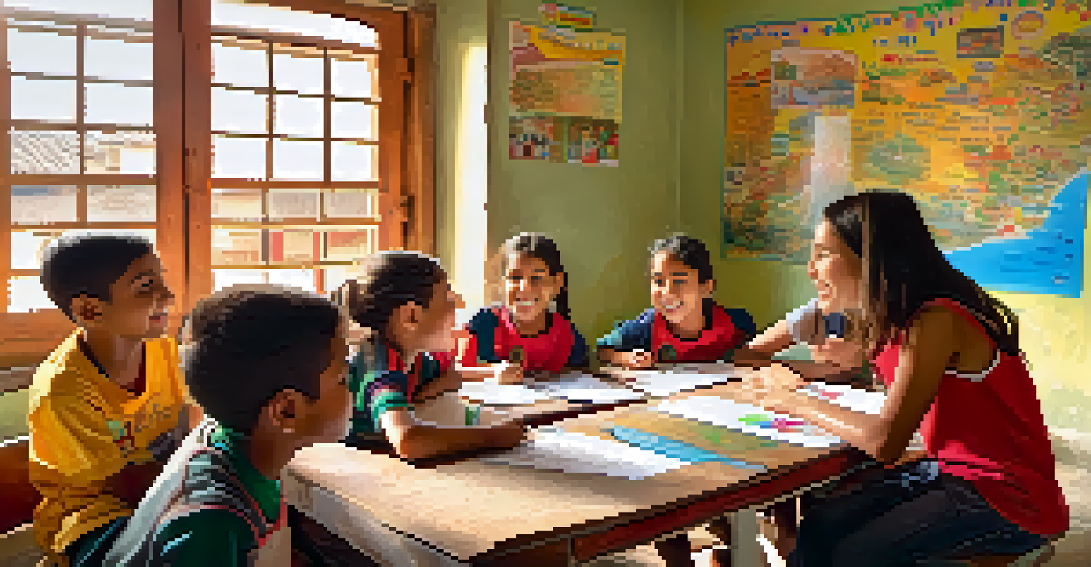 A volunteer teaching English to children in a colorful classroom filled with sunlight and educational posters in a small Spanish village.
