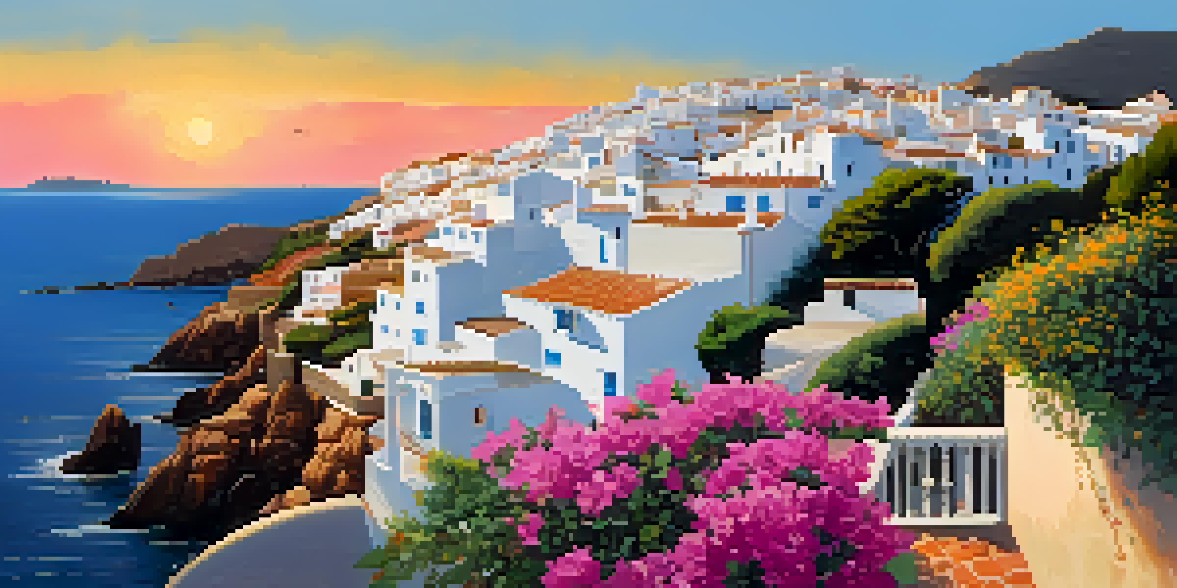 A picturesque view of the village of Cadaqués, with white houses, colorful flowers, and the Mediterranean sea during sunset.