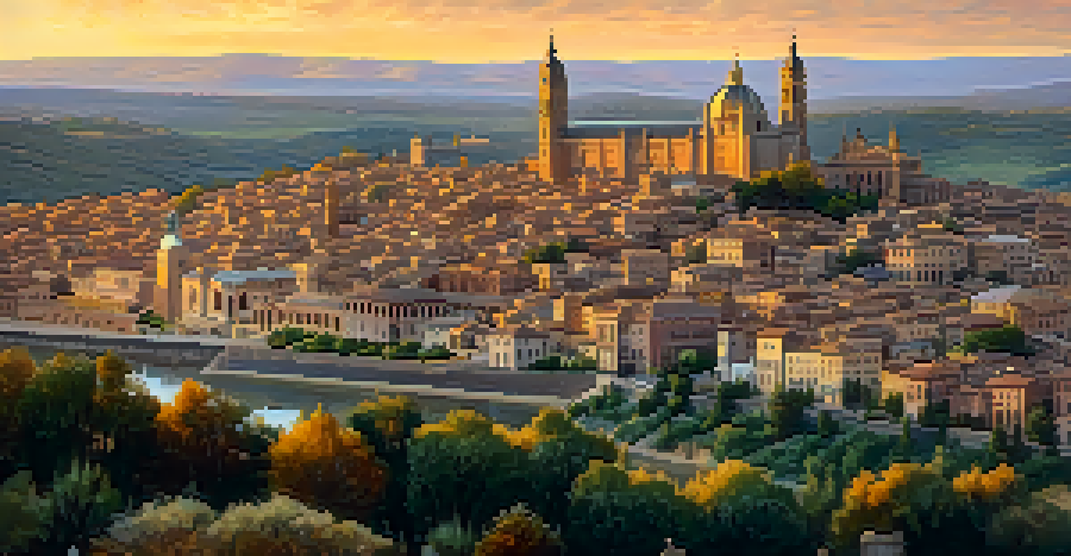A panoramic view of Toledo at sunset, highlighting its historical architecture and diverse cultural influences.