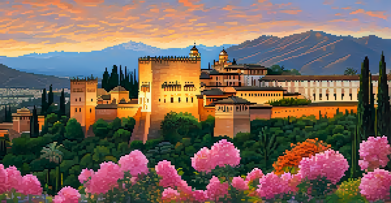 A sunset view of the Alhambra in Granada with intricate architecture and gardens.