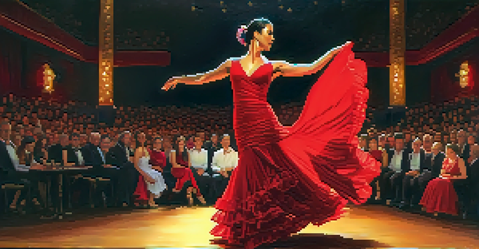 A flamenco dancer in a red dress performing passionately on stage with an engaged audience in the background.