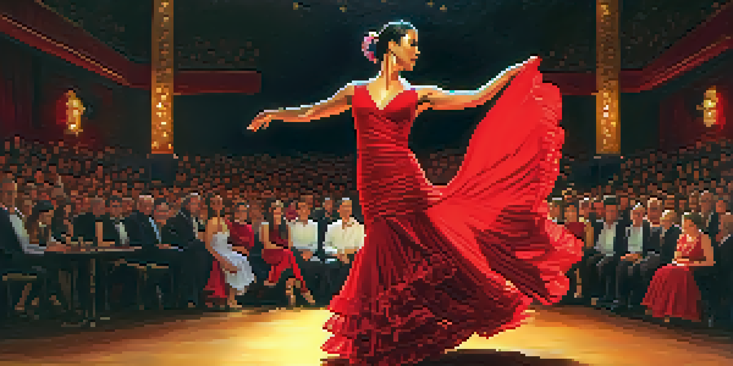 A flamenco dancer in a red dress performing passionately on stage with an engaged audience in the background.