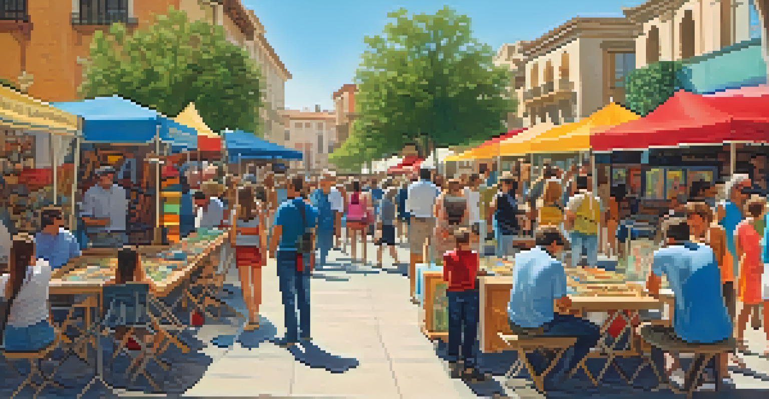 An outdoor art festival in a sunny Spanish plaza with local artists, colorful paintings, and historic buildings.