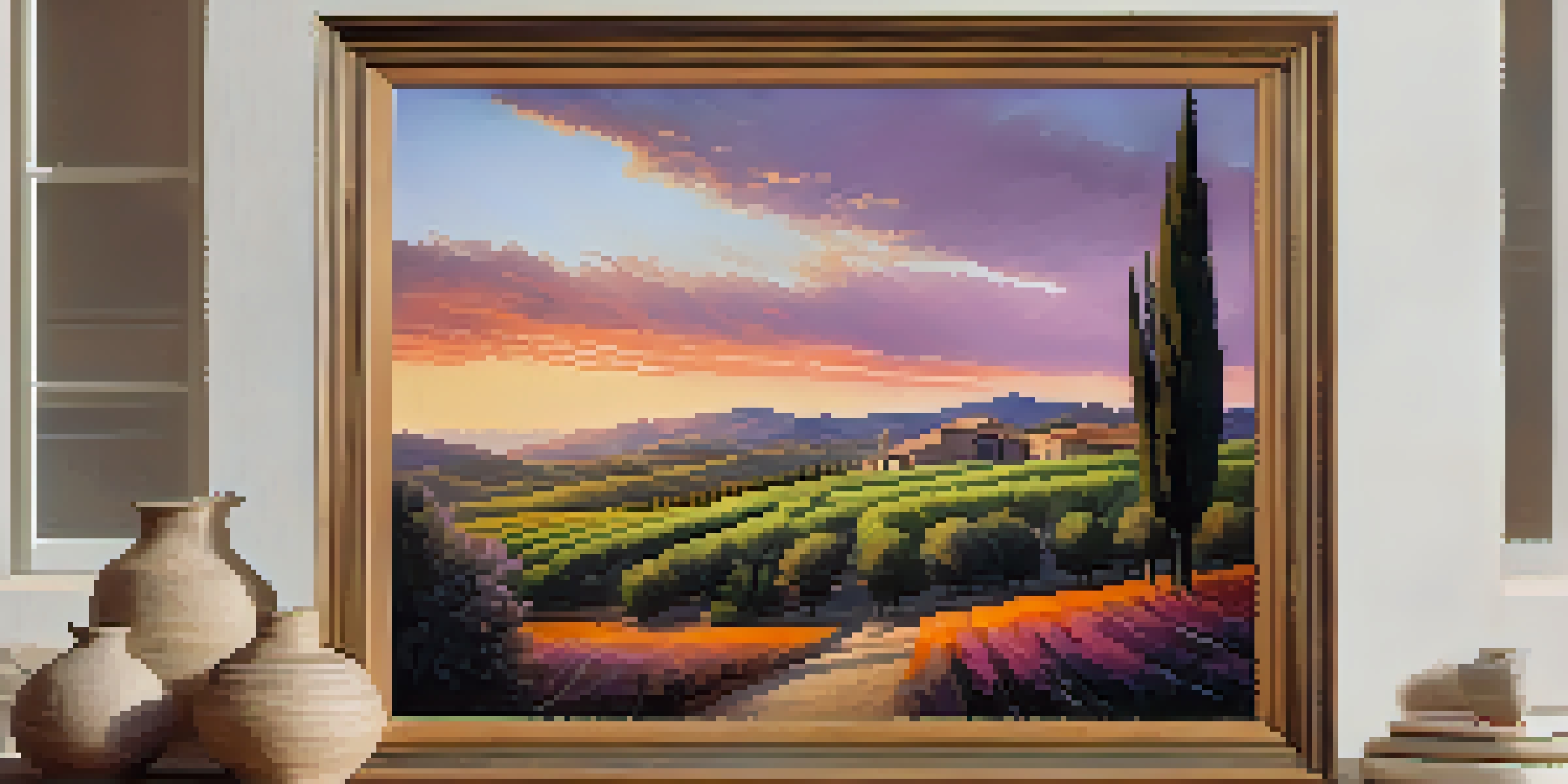 A colorful sunset over the Spanish countryside, with olive groves and a farmhouse surrounded by hills.