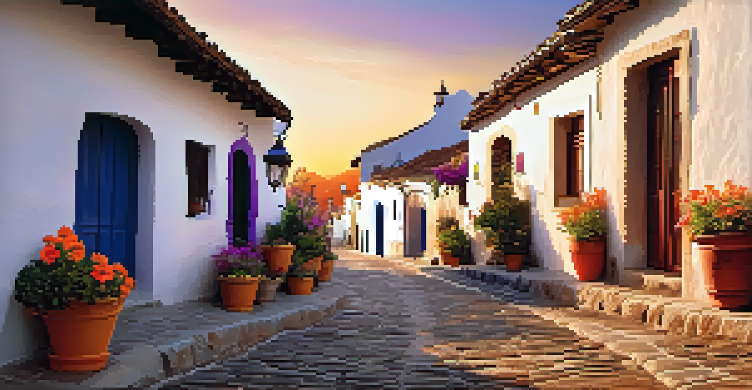 A traditional Spanish village at sunset with white-washed houses and vibrant flower pots, under a colorful sky.