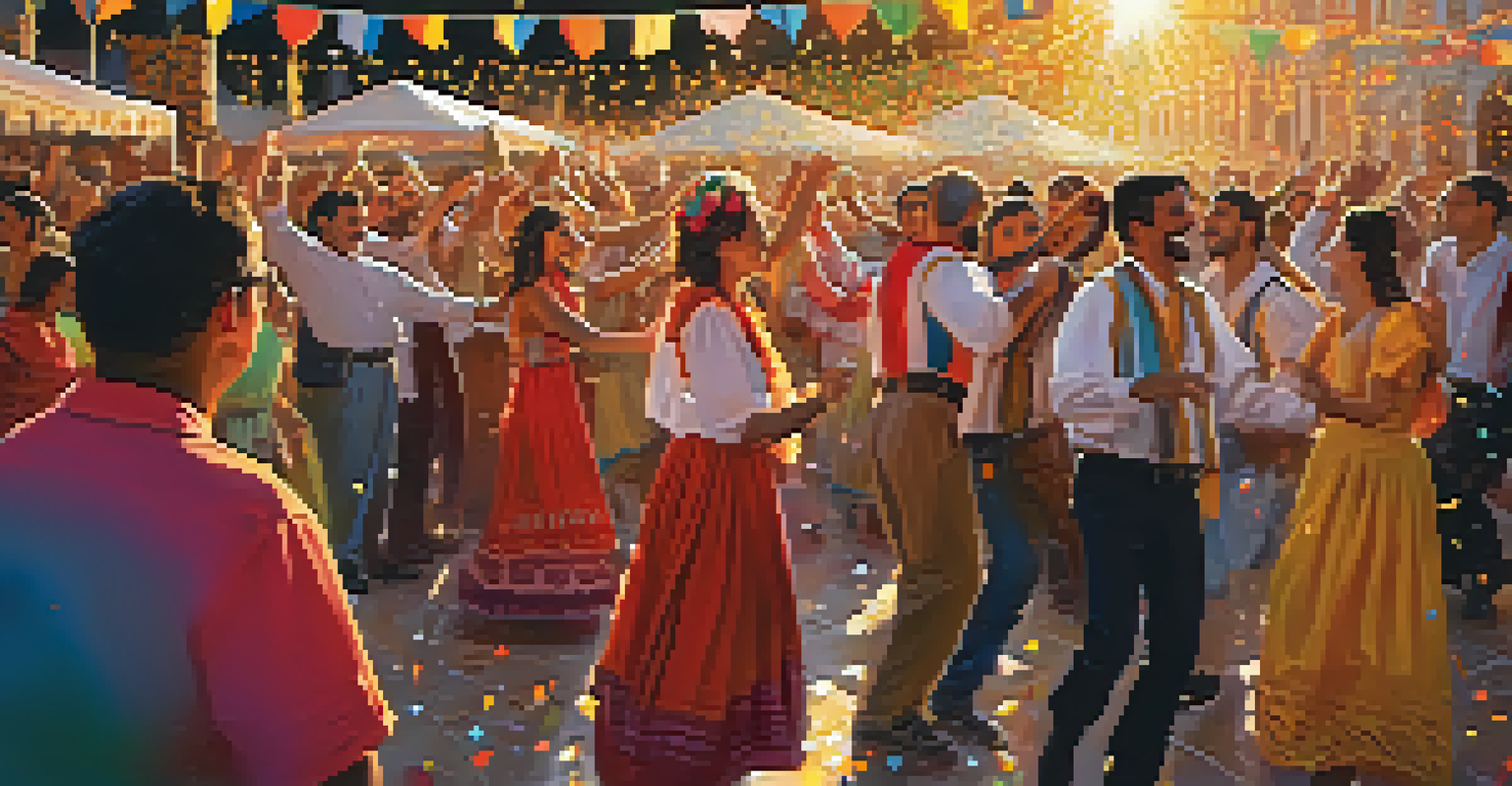 A vibrant cultural festival in Seville with dancers and musicians celebrating in traditional costumes under a warm sunset.