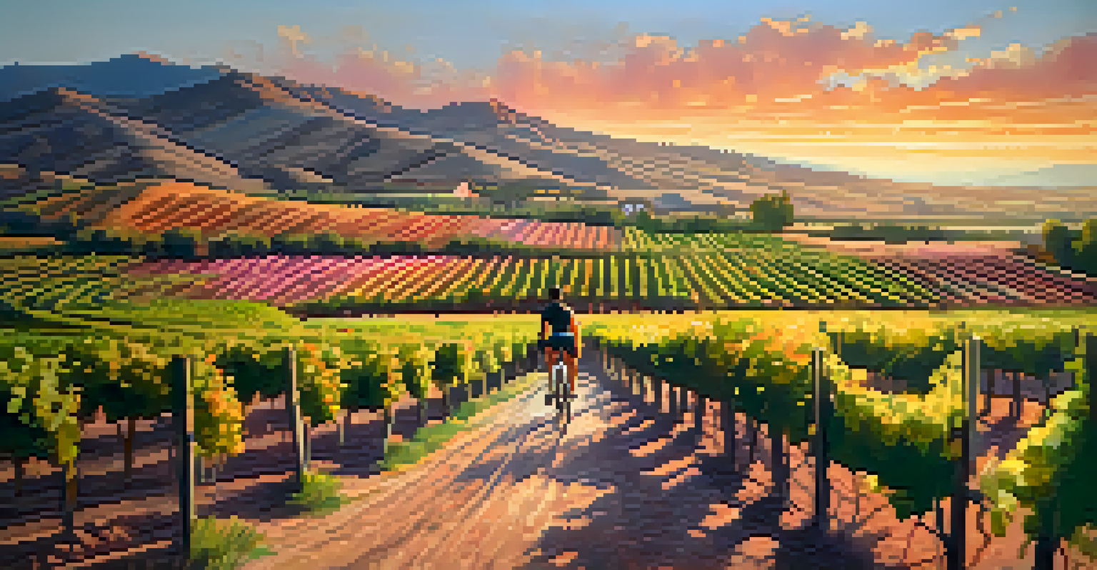 A sunset view of vineyards in La Rioja, Spain, with a cyclist riding along a dirt path amidst golden light.