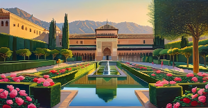 A panoramic view of the Alhambra's gardens at sunset, featuring lush greenery, ornate architecture, and colorful flowers.