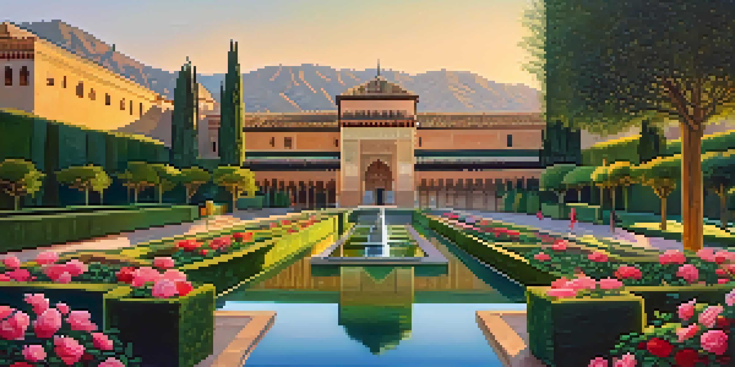 A panoramic view of the Alhambra's gardens at sunset, featuring lush greenery, ornate architecture, and colorful flowers.