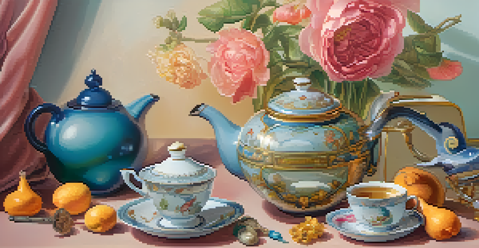 A still life with a teapot, mirror, and key, surrounded by whimsical elements like floating feathers and soft colors.