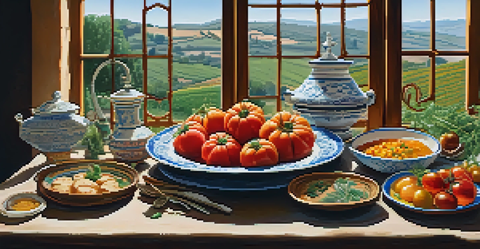 A rustic table set with traditional Spanish dishes, fresh ingredients, and natural light from a window.