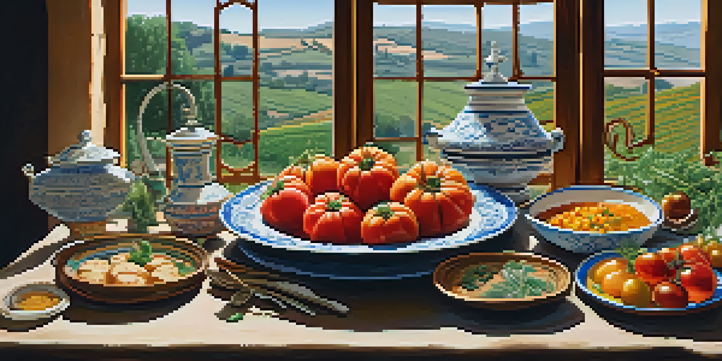 A rustic table set with traditional Spanish dishes, fresh ingredients, and natural light from a window.