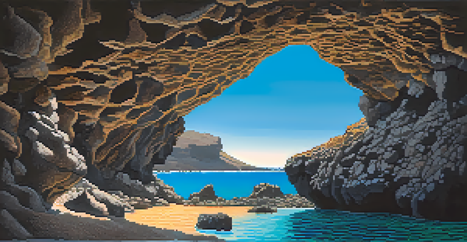 The entrance of Cueva de los Verdes with volcanic rock formations and an underground lake.