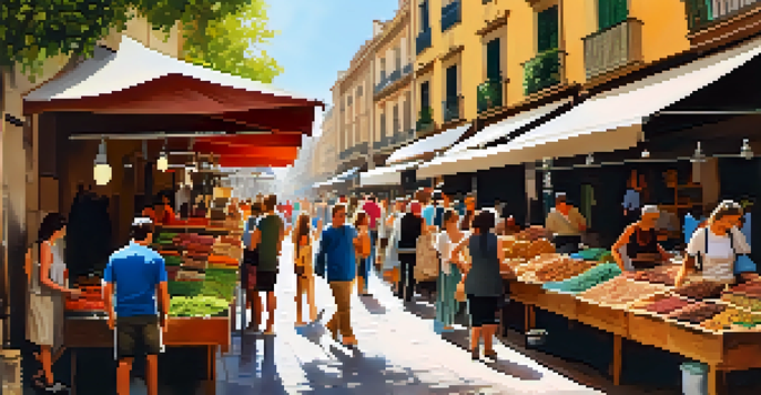 A bustling artisan market in El Raval, Barcelona, filled with colorful handmade goods and local artisans.