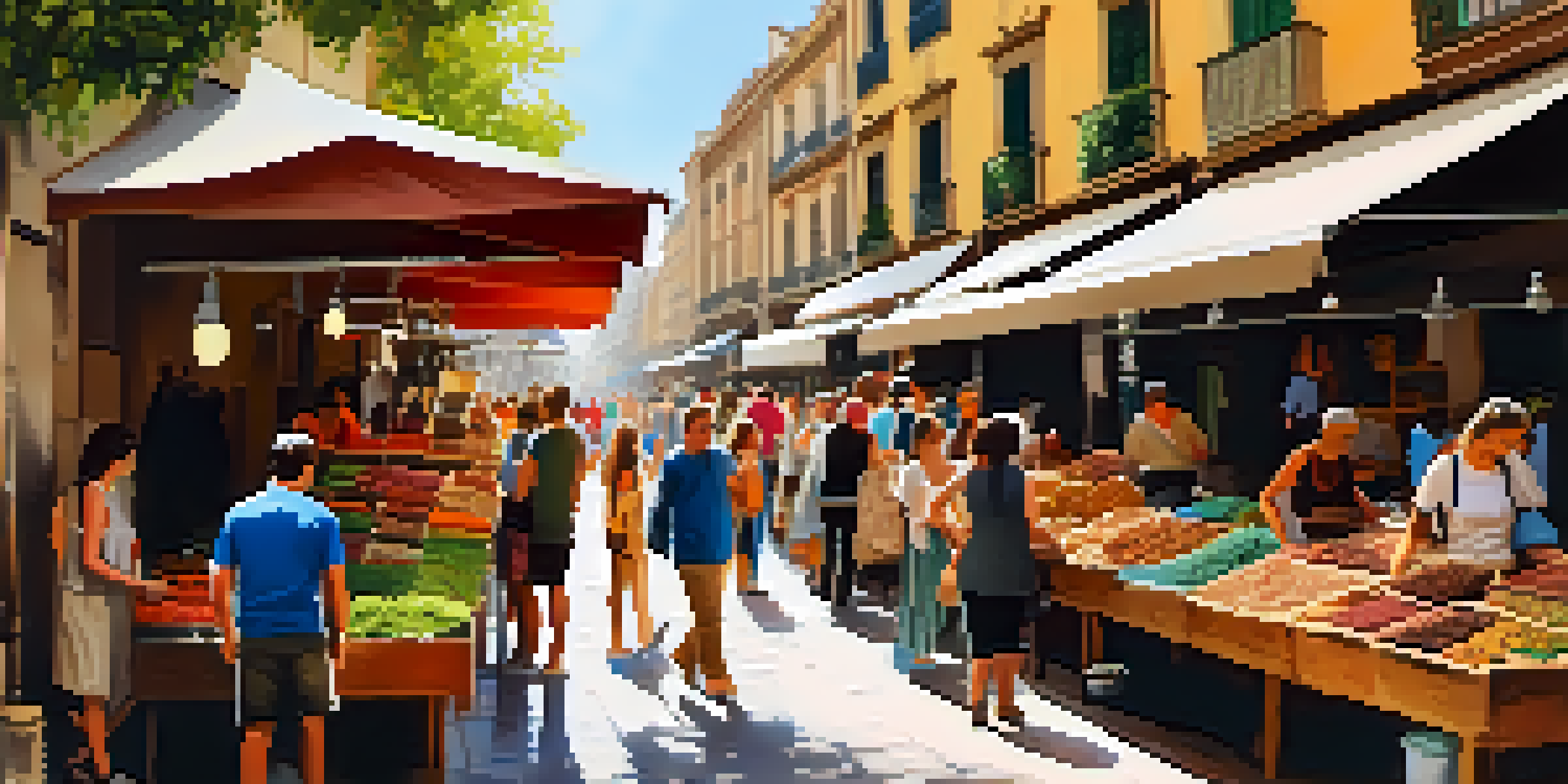 A bustling artisan market in El Raval, Barcelona, filled with colorful handmade goods and local artisans.