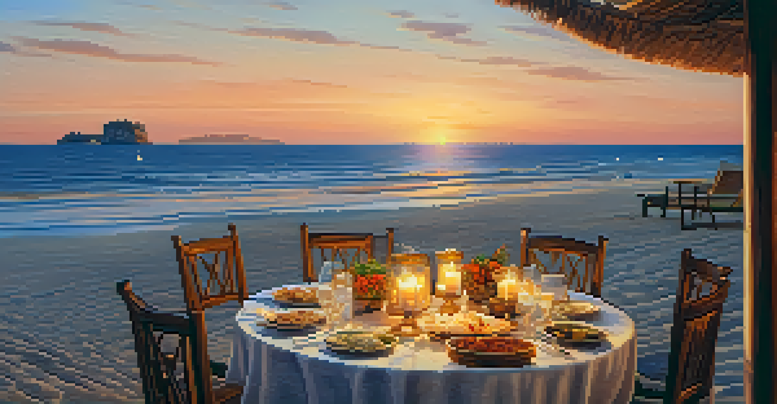 Outdoor dining setup on the beach at sunset with tapas dishes and candles.