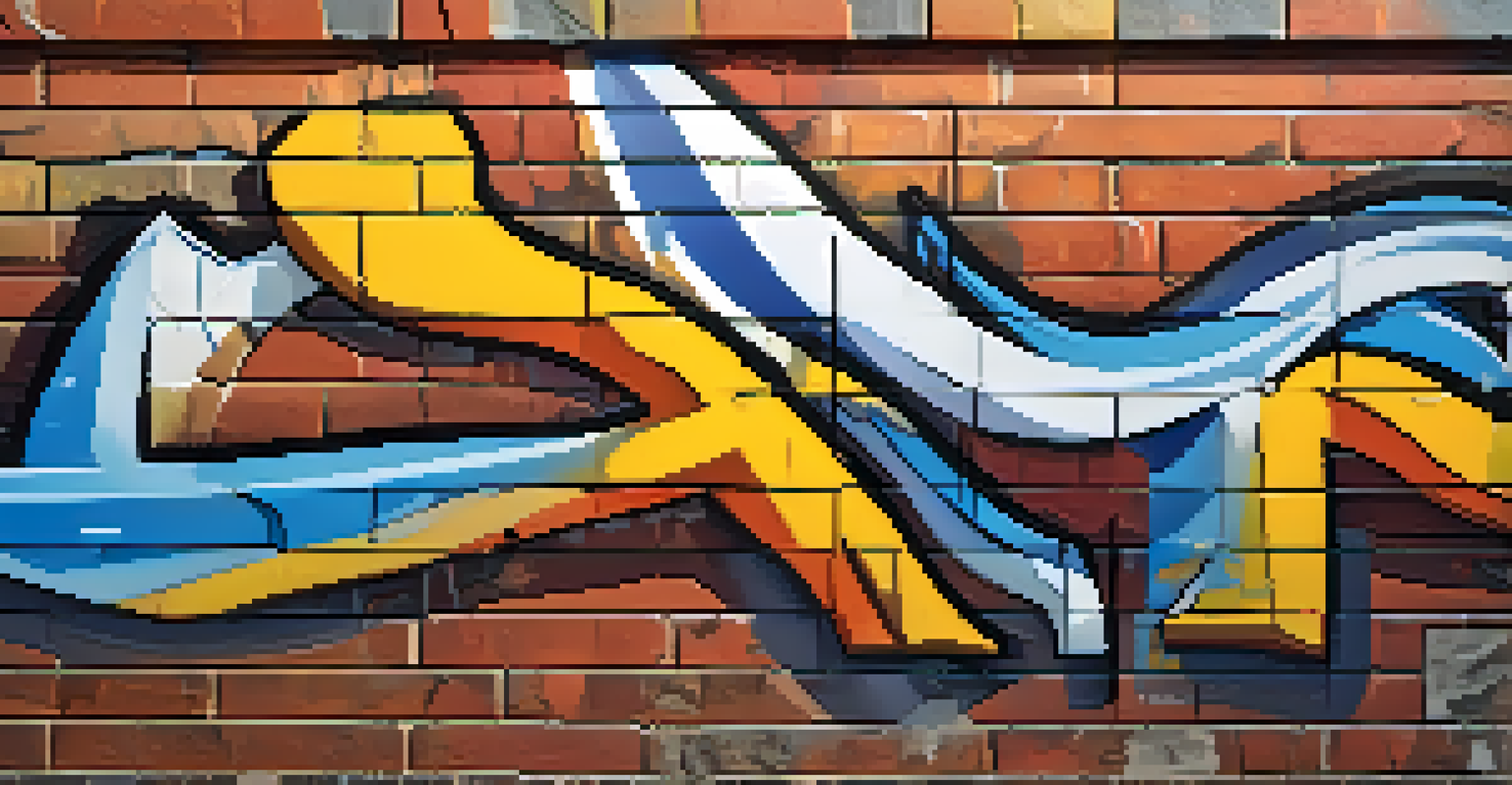 A close-up view of a vibrant graffiti artwork on a brick wall, showcasing detailed patterns and textures.