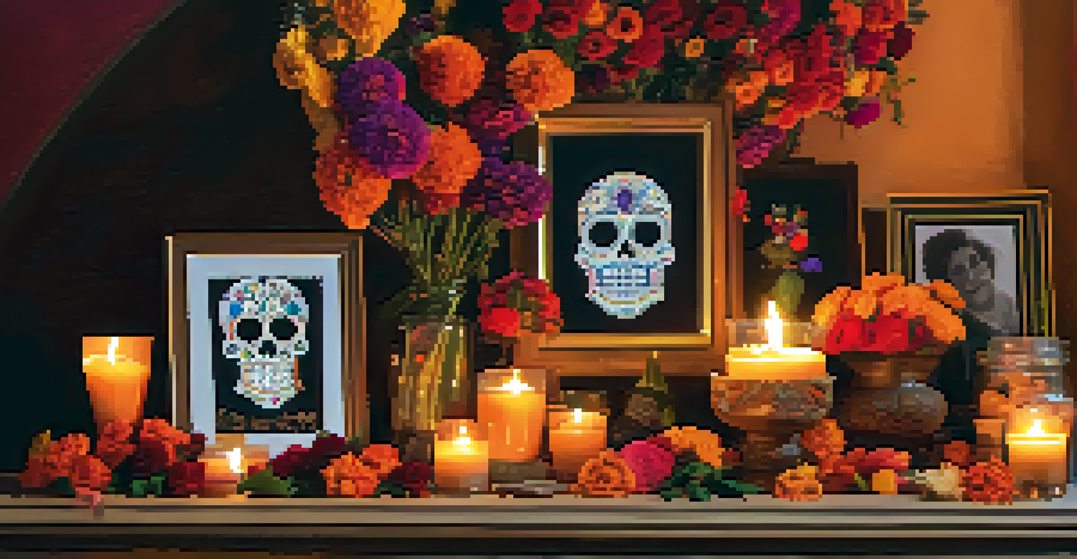 A colorful Dia de los Muertos altar, filled with flowers, candles, and photographs, creating a heartfelt tribute to loved ones.
