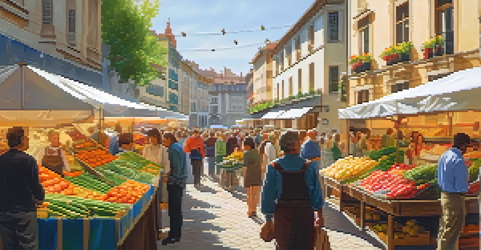 An outdoor market in the Basque Country with stalls of local produce, shoppers engaging with vendors, and bright sunlight illuminating the scene.