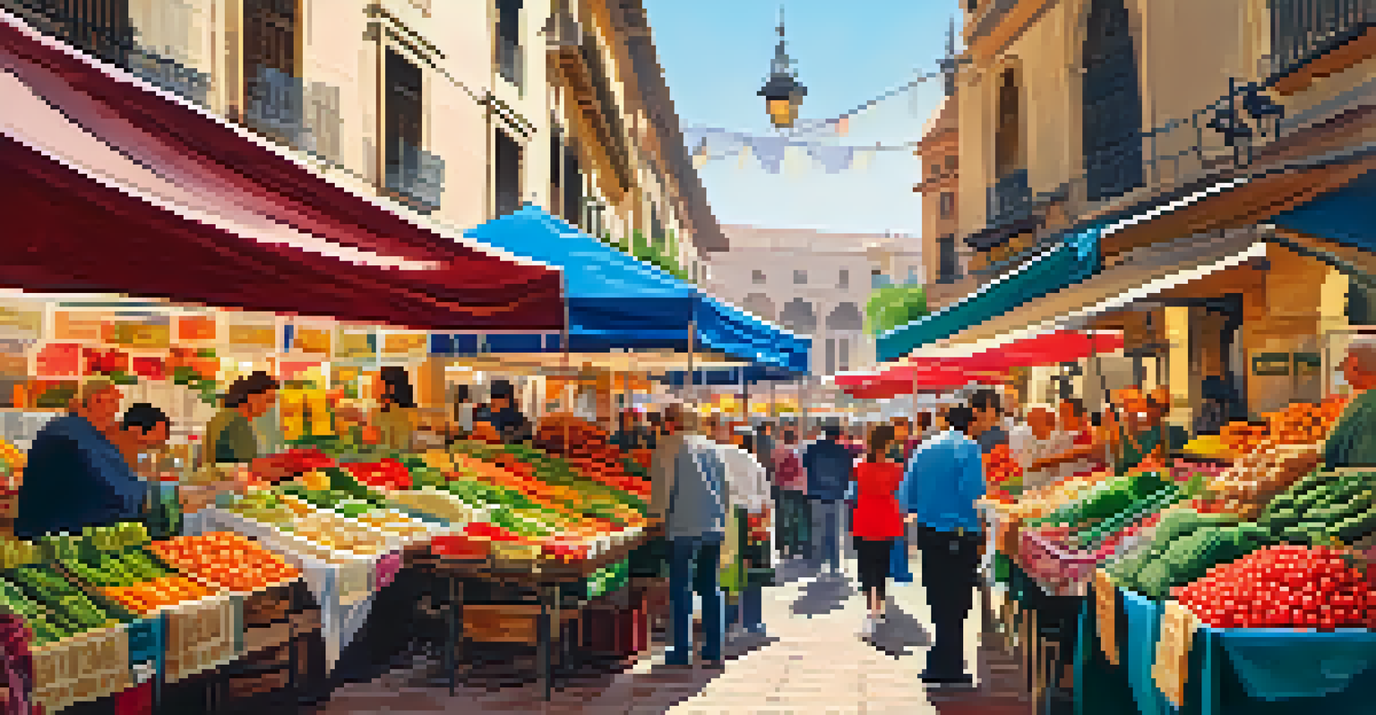 A lively local market in Seville, showcasing fresh produce and crafts with people interacting and colorful decorations.