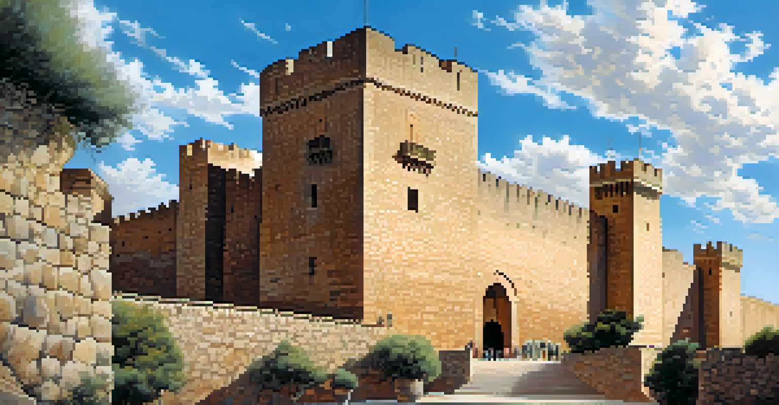 The Alcazaba fortress in Cáceres, showcasing its impressive walls against a clear blue sky.