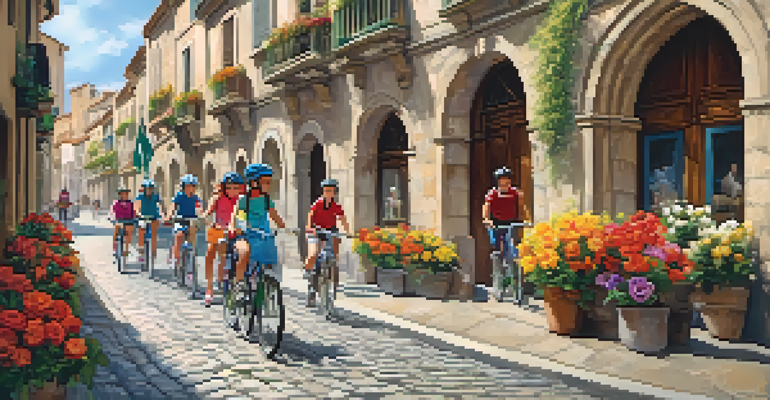 A family biking through a historic Spanish city, stopping near a landmark while listening to their guide.