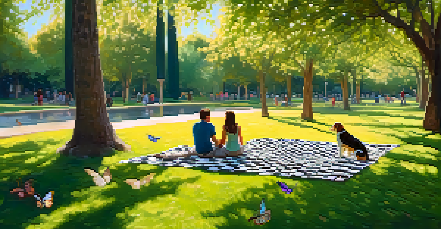 A couple having a picnic in Turia Gardens, Valencia, with their beagle dog playing nearby.