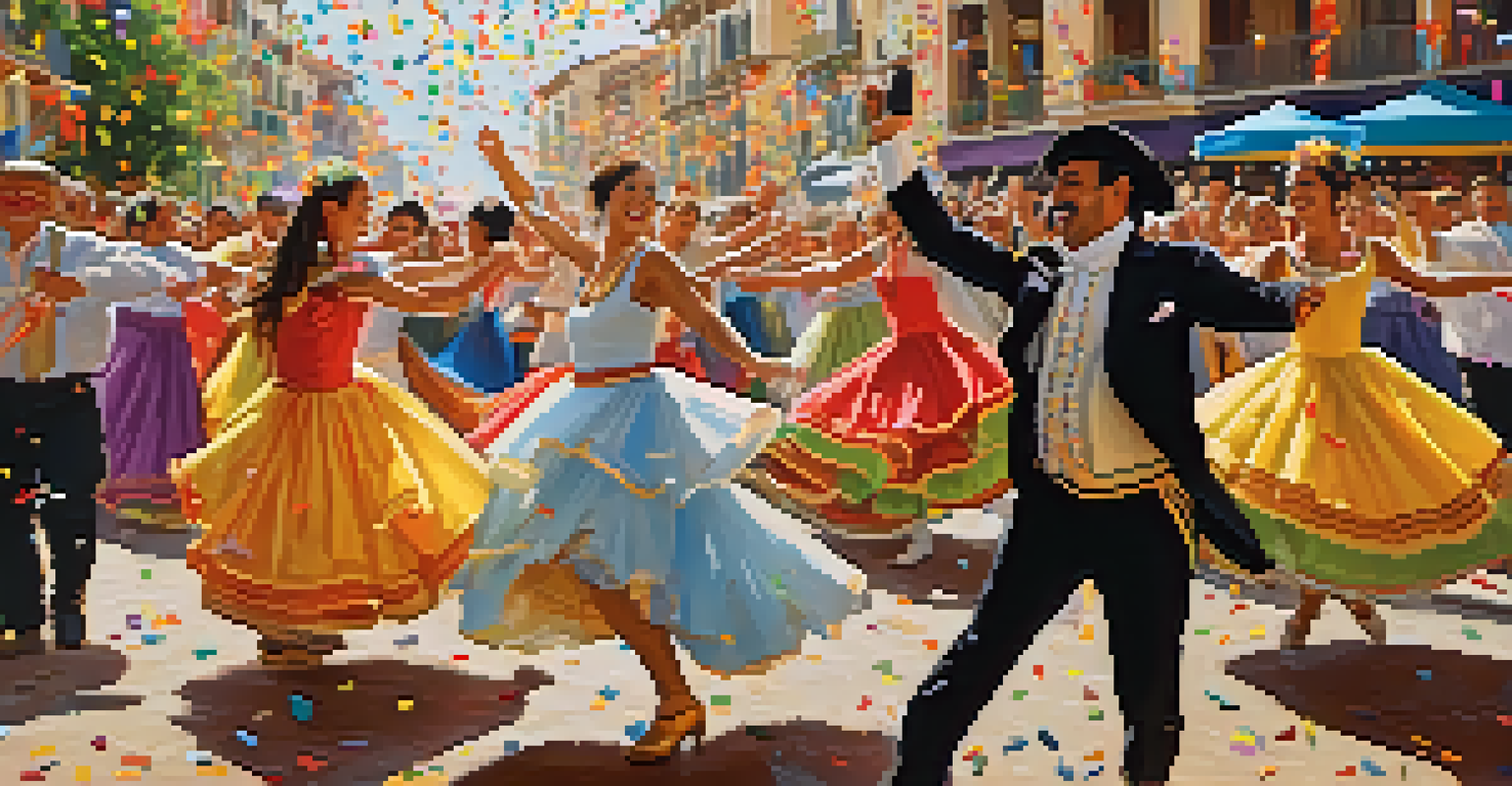 A vibrant festival scene in Spain with people in colorful costumes dancing and celebrating.