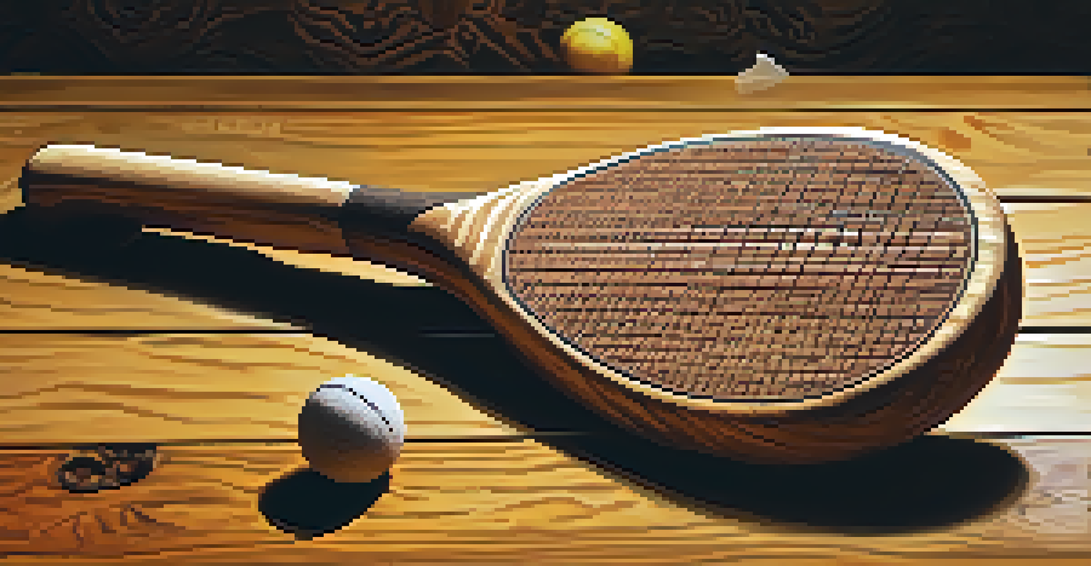 A detailed close-up of a wooden paddle used in Basque Pelota, showcasing its craftsmanship against a blurred backdrop of a court.
