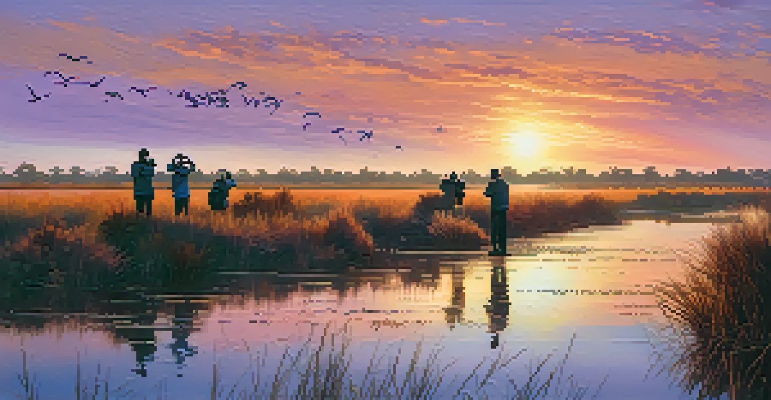Volunteers observing wildlife during sunset in Doñana National Park, surrounded by wetlands and lush vegetation in Spain.