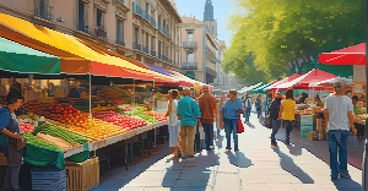 A lively food market in Barcelona filled with fresh produce, local delicacies, and bustling visitors.