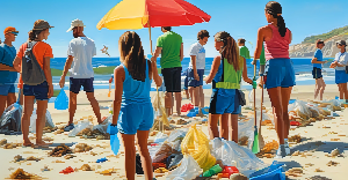 Volunteers cleaning a beach on the Mediterranean coast, with blue skies and waves in the background.