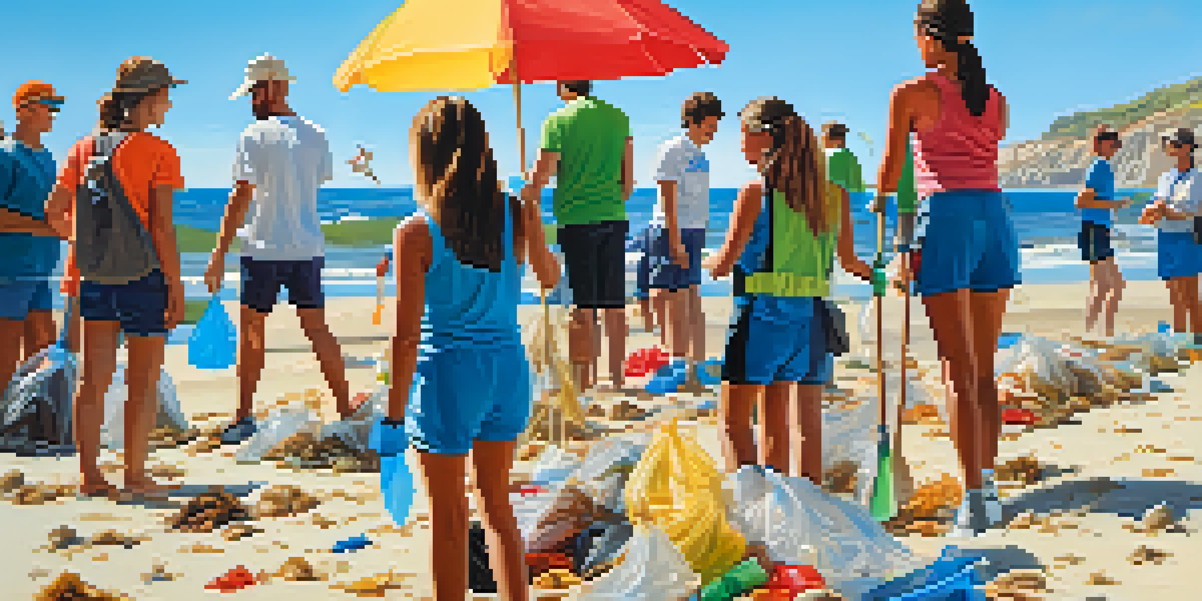Volunteers cleaning a beach on the Mediterranean coast, with blue skies and waves in the background.