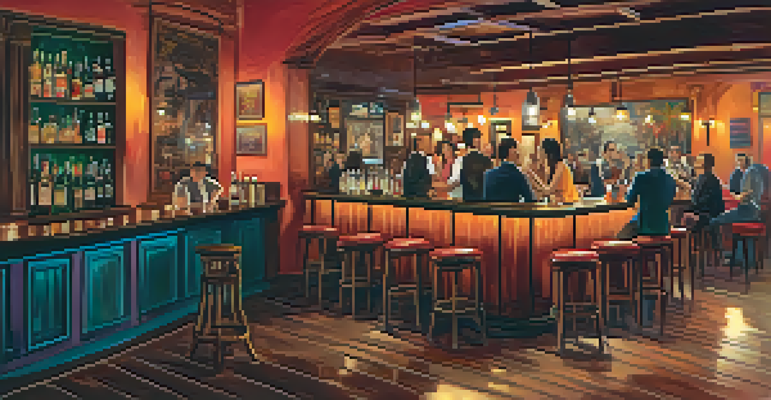 Interior of a cozy LGBTQ+ friendly bar in Seville, with patrons enjoying live music and colorful decor creating a warm atmosphere.