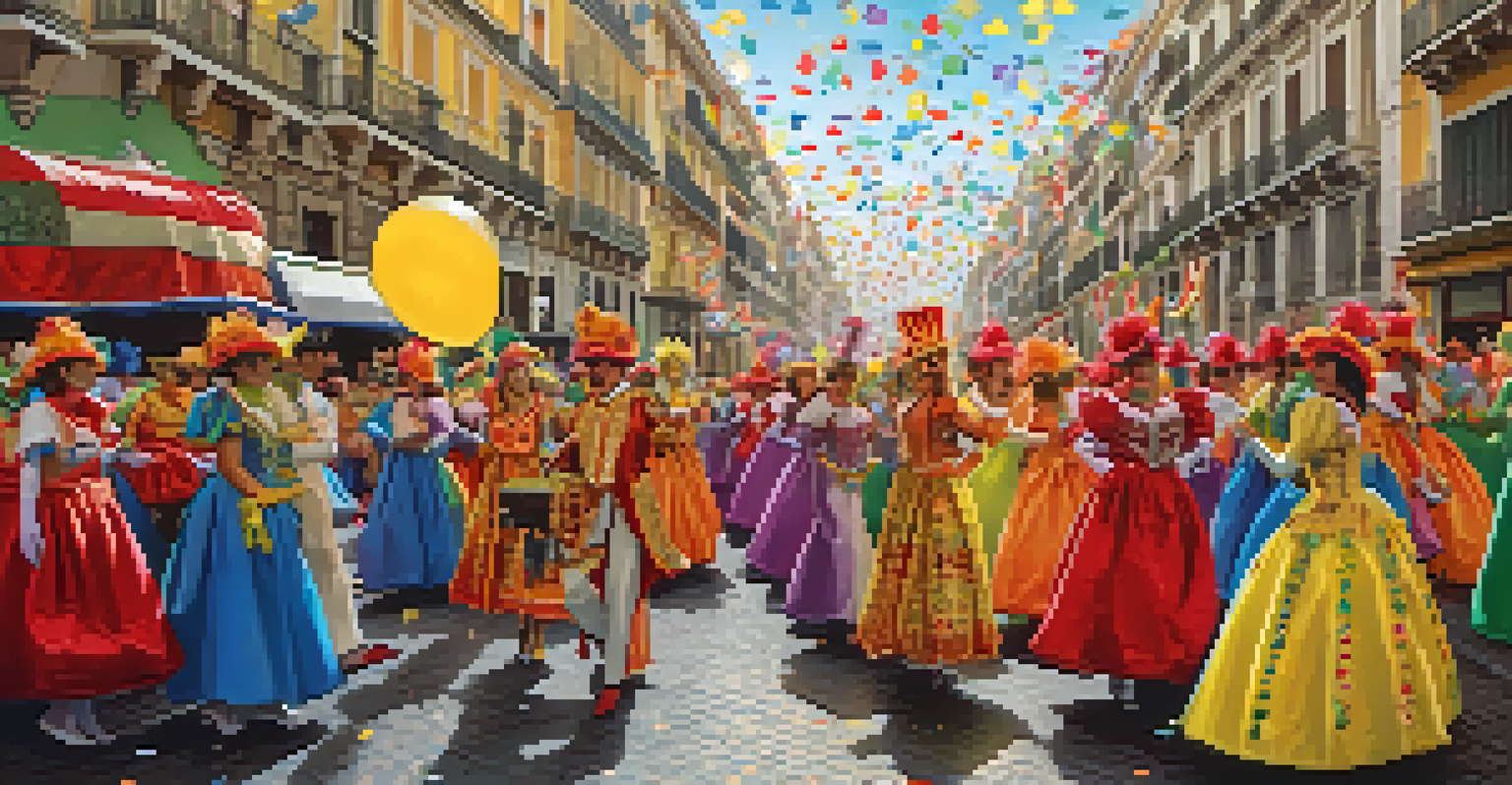 A colorful Carnival parade in Cadiz with participants in elaborate costumes and masks, amidst confetti.