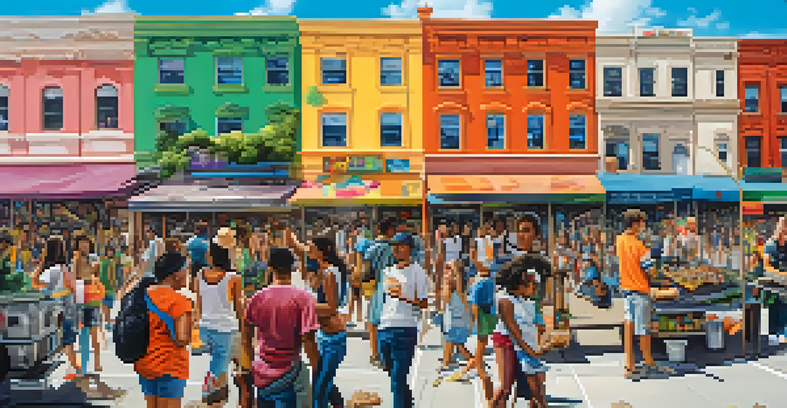 A wide view of a street art festival featuring various murals, people interacting, and vibrant street life in a sunny day.