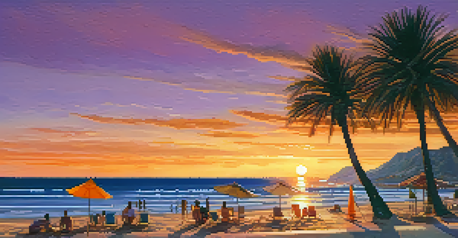 A peaceful beach at sunset in Villajoyosa, with sandy shores, beachgoers, and a colorful sky.