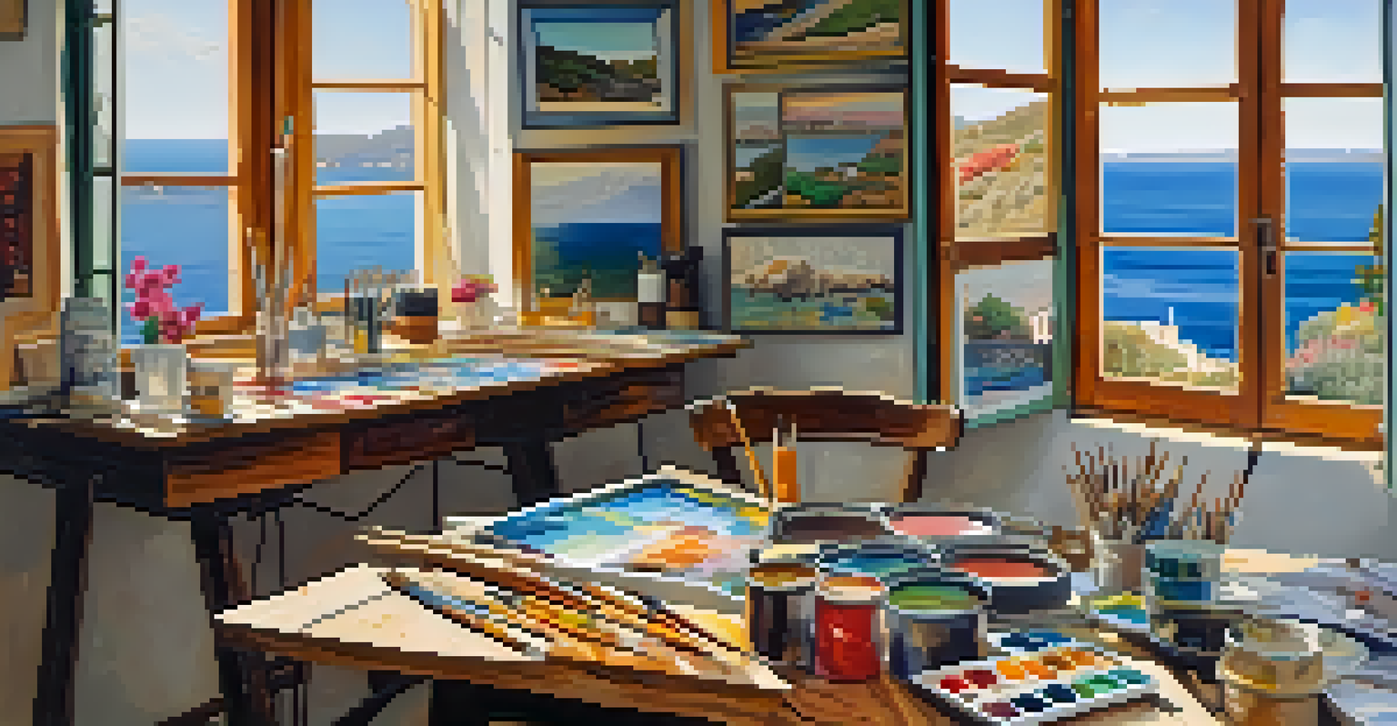 An artist's studio in Cadaqués, showcasing colorful paintings and natural light flooding in through large windows.