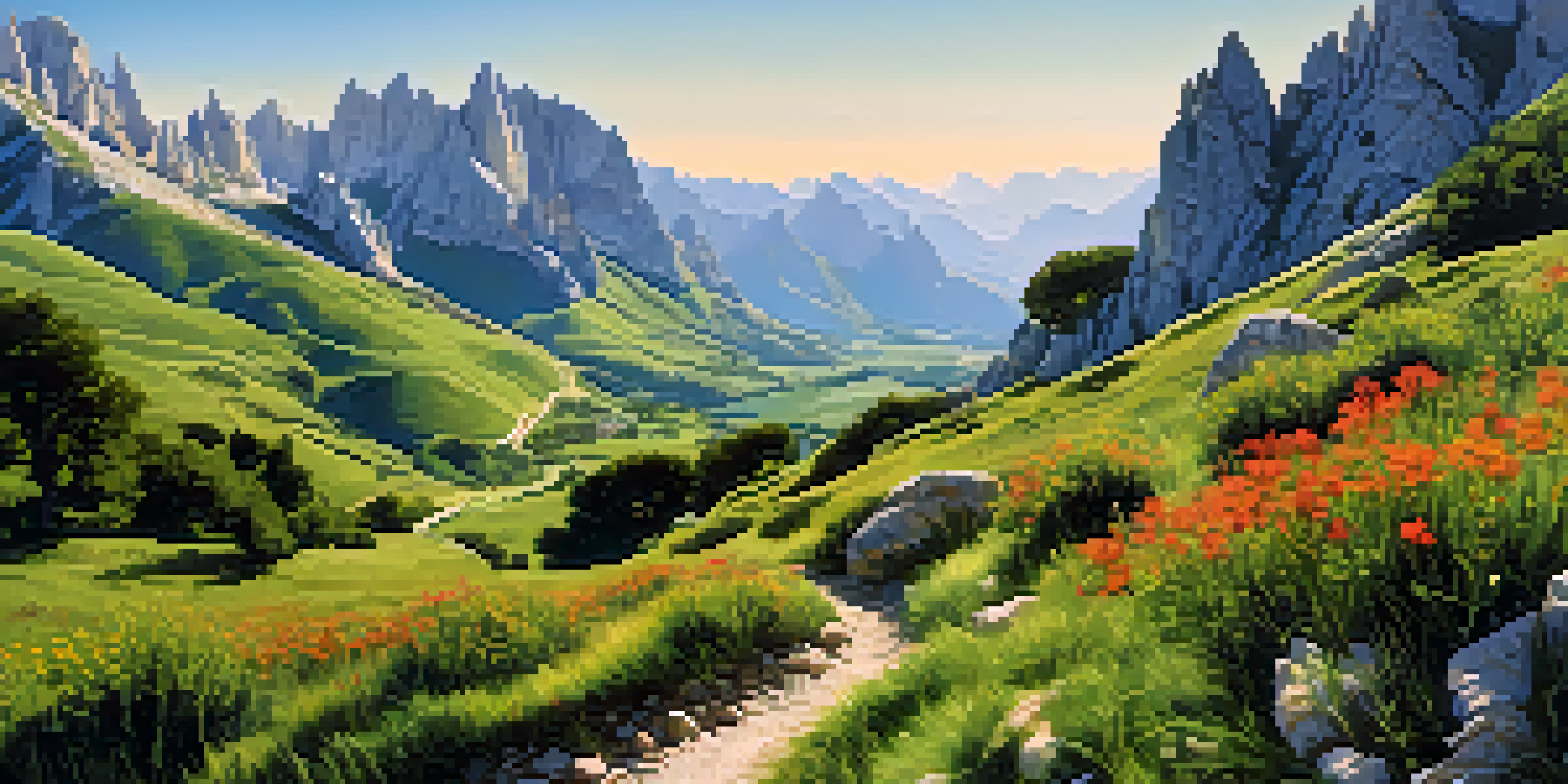 A scenic landscape of Picos de Europa National Park with limestone mountains, green valley, and colorful wildflowers under a blue sky.