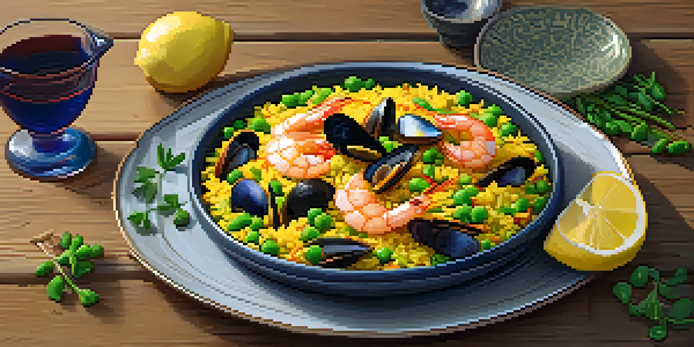 A plate of colorful Spanish paella with shrimp, mussels, and green peas on a wooden table, illuminated by soft natural light.