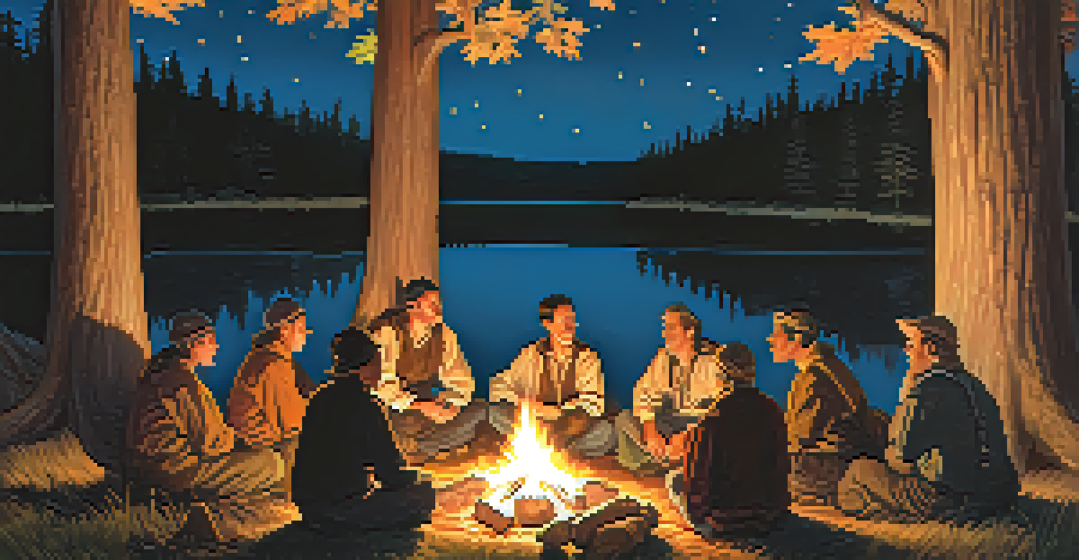 A group of pilgrims around a campfire in the forest at dusk, sharing stories under a starry sky.