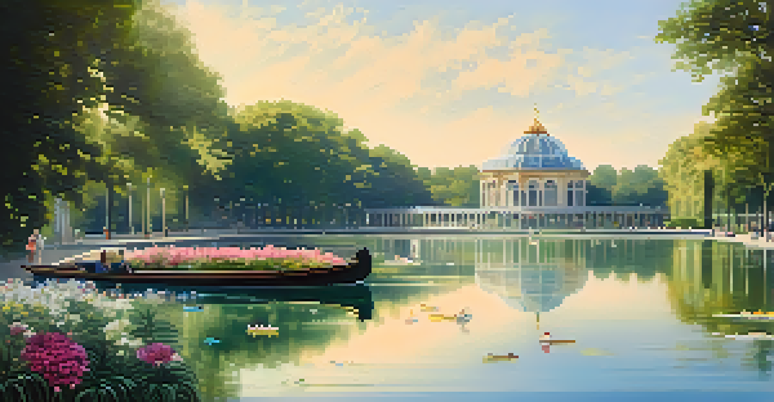 The Crystal Palace in Retiro Park with greenery, flowers, and people enjoying the outdoors.