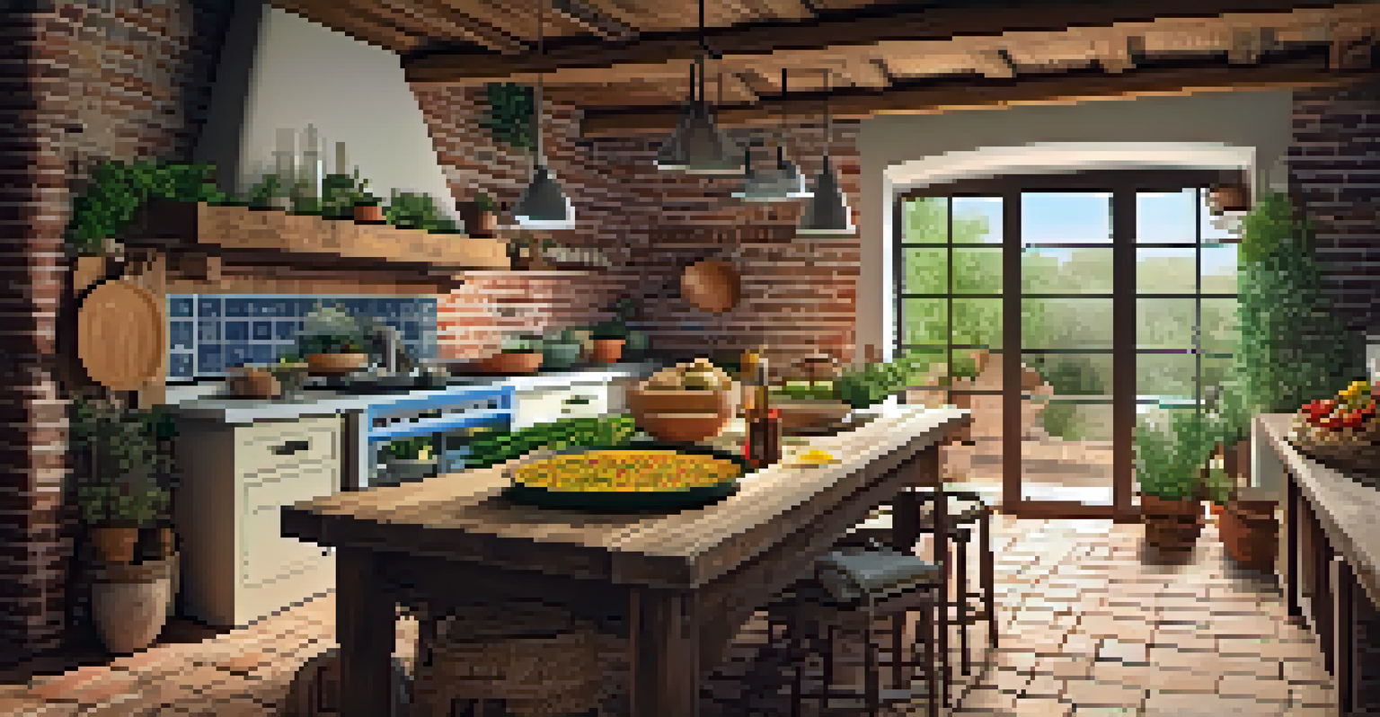 A rustic kitchen in rural Spain with a wooden table set for paella preparation, surrounded by traditional decor.
