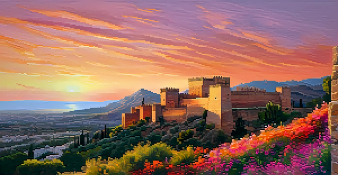 A sunset view of Alcazaba Castle, showcasing its Moorish architecture with blooming wildflowers in the foreground.