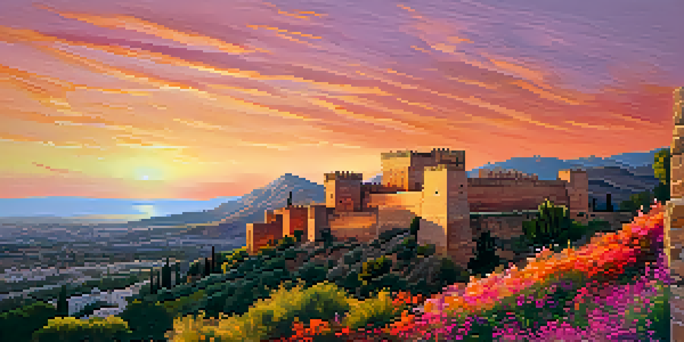 A sunset view of Alcazaba Castle, showcasing its Moorish architecture with blooming wildflowers in the foreground.