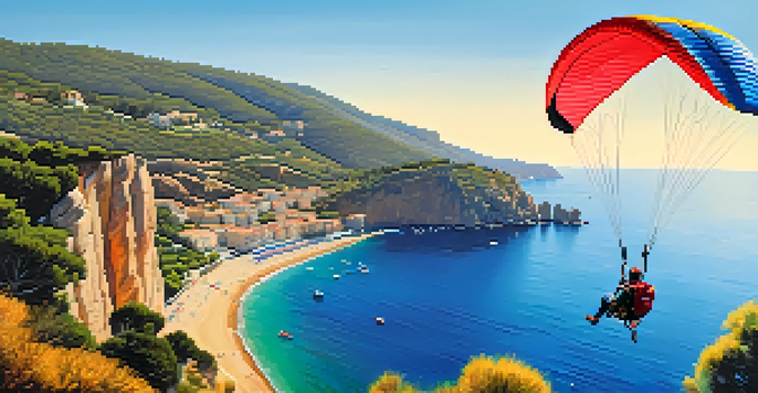 A paraglider flying over the cliffs of the Costa Brava, with blue skies and the Mediterranean Sea in the background.