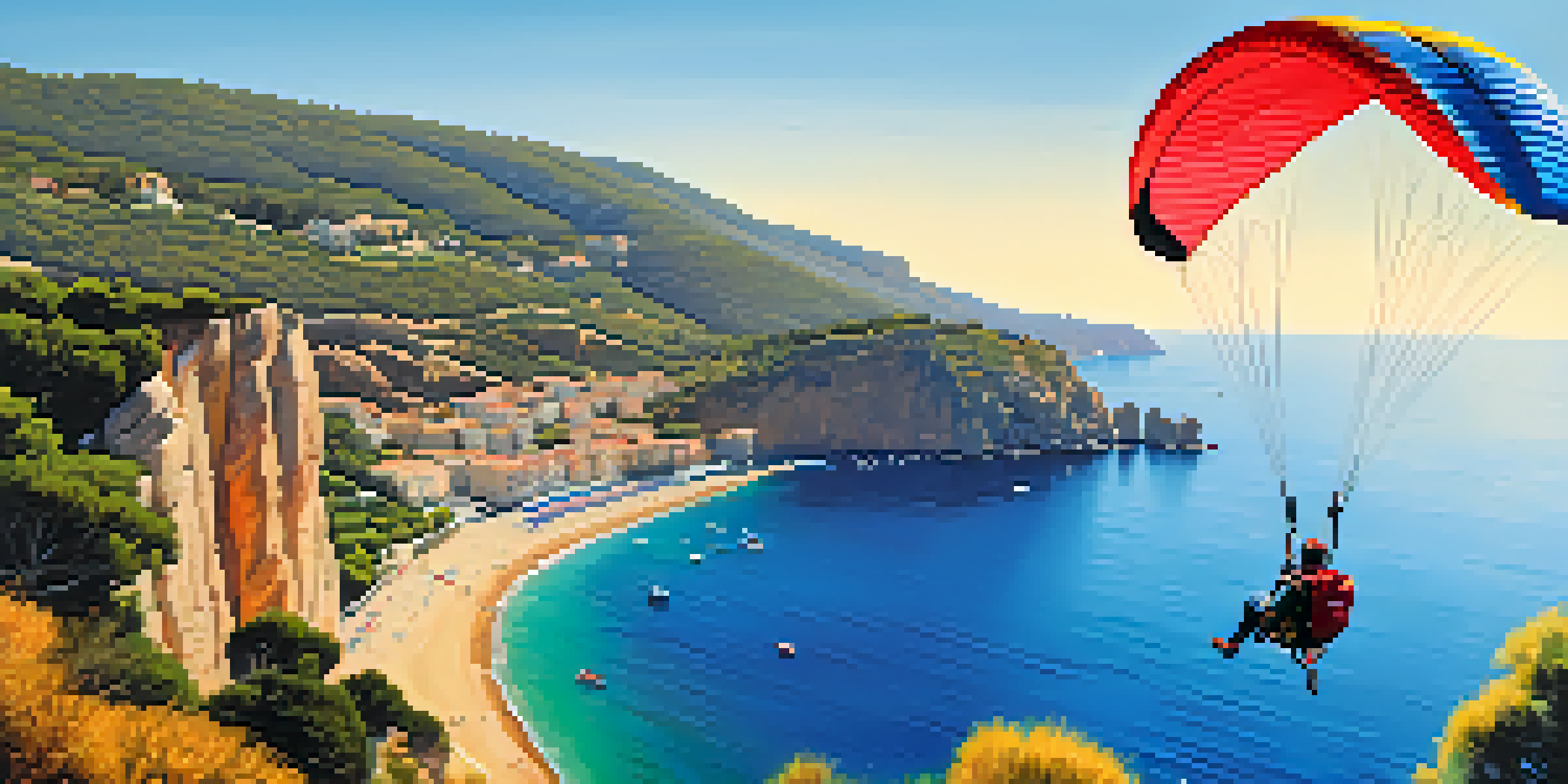 A paraglider flying over the cliffs of the Costa Brava, with blue skies and the Mediterranean Sea in the background.